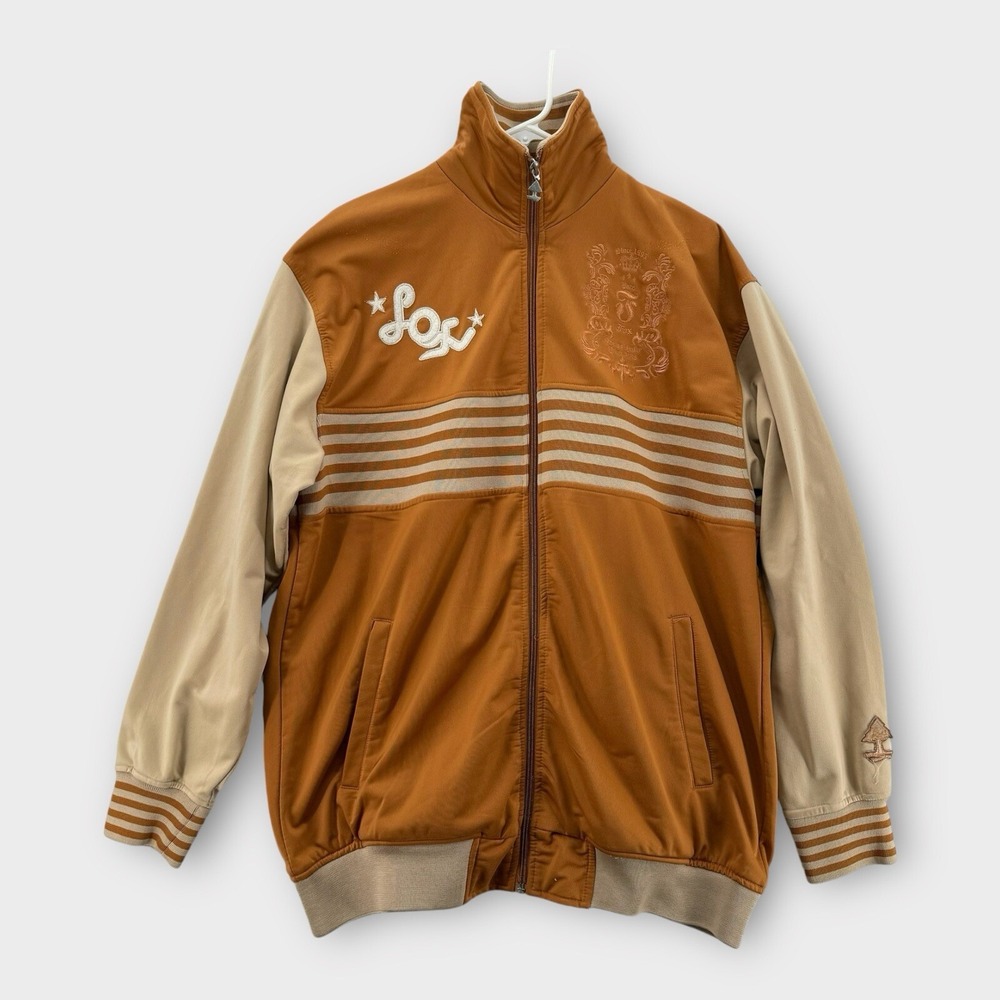 VINTAGE Retro Fox Track Jacket Mens Large Warm‎ Up Brown Tan Hip Hop Baggy Y2K